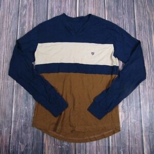 Veece Shirt Mens Medium Navy Tan Brown Long Sleeve V-Neck Colorblock Casual